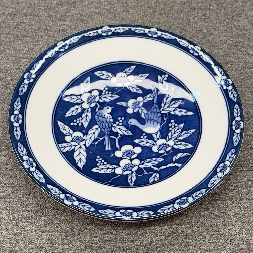 Vintage Japanese Plate Small 6" Blue White Bird Floral Marked Japan